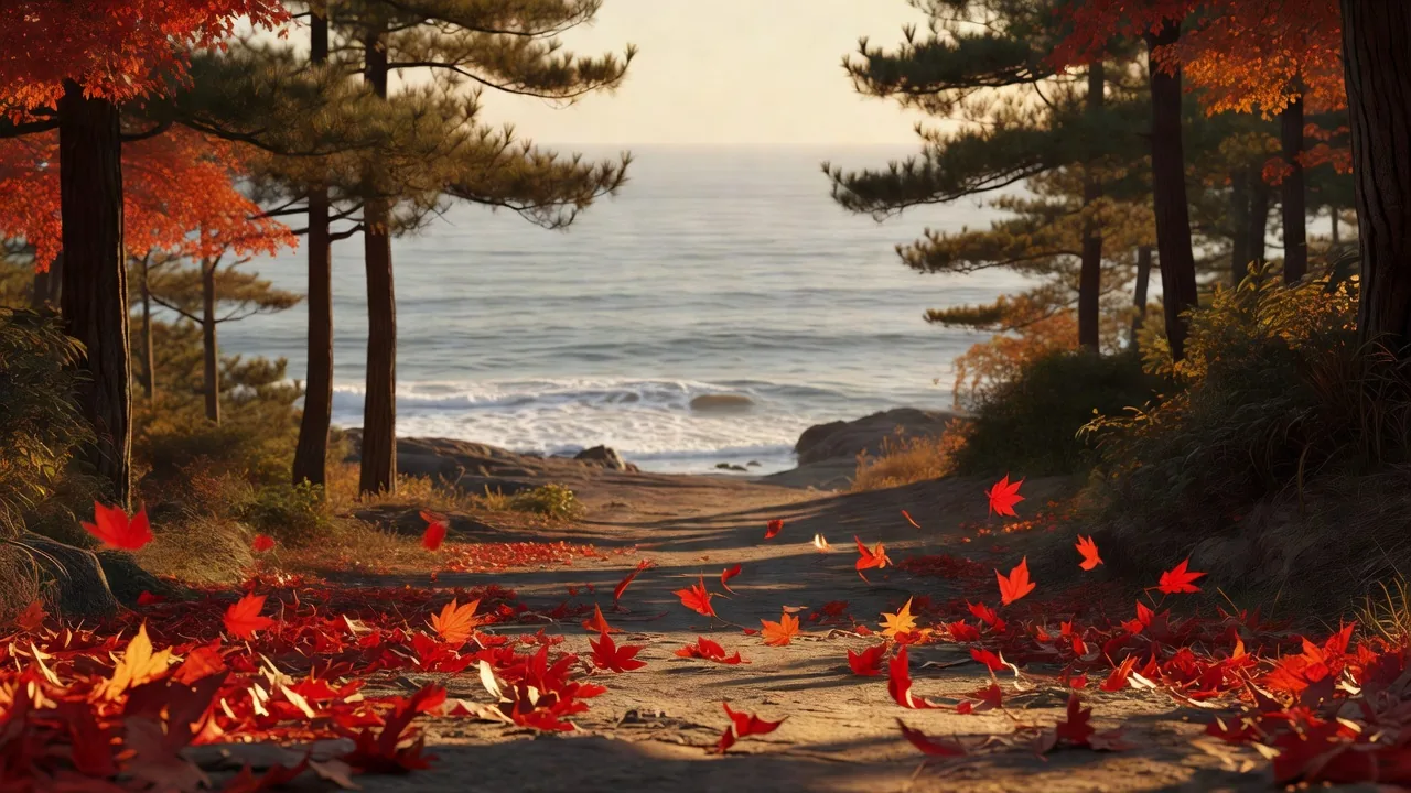秋の紅葉が彩る海岸の小道
