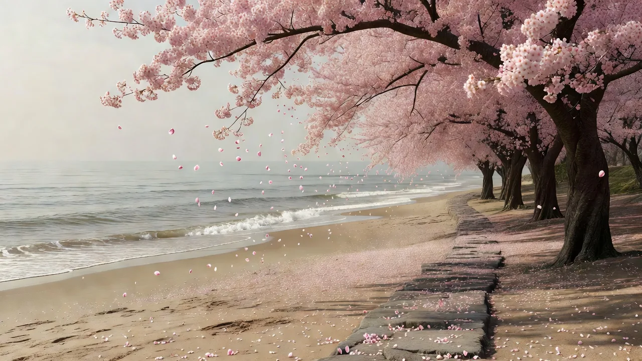 春の海岸沿いの小道に咲き誇る桜