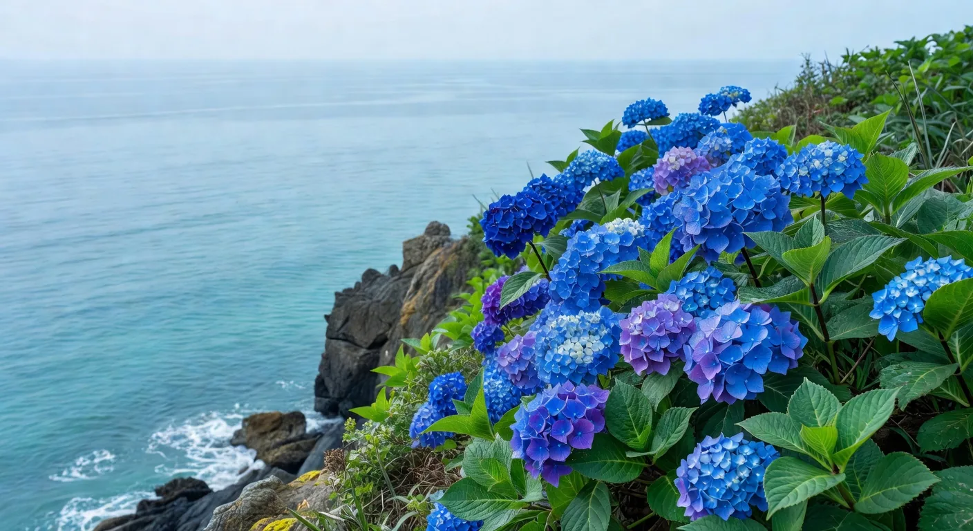 日本の海岸の崖に咲く紫陽花