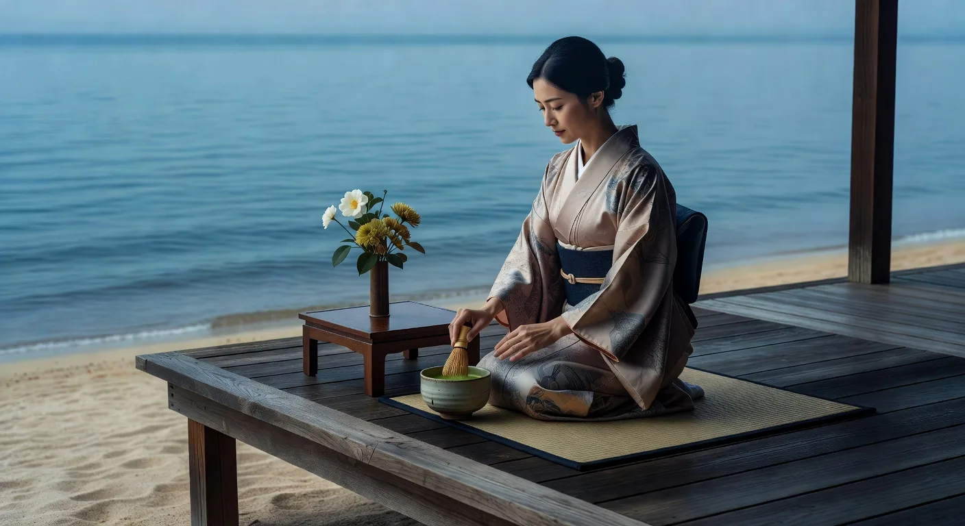 海を望む縁側での静かな茶道の一場面