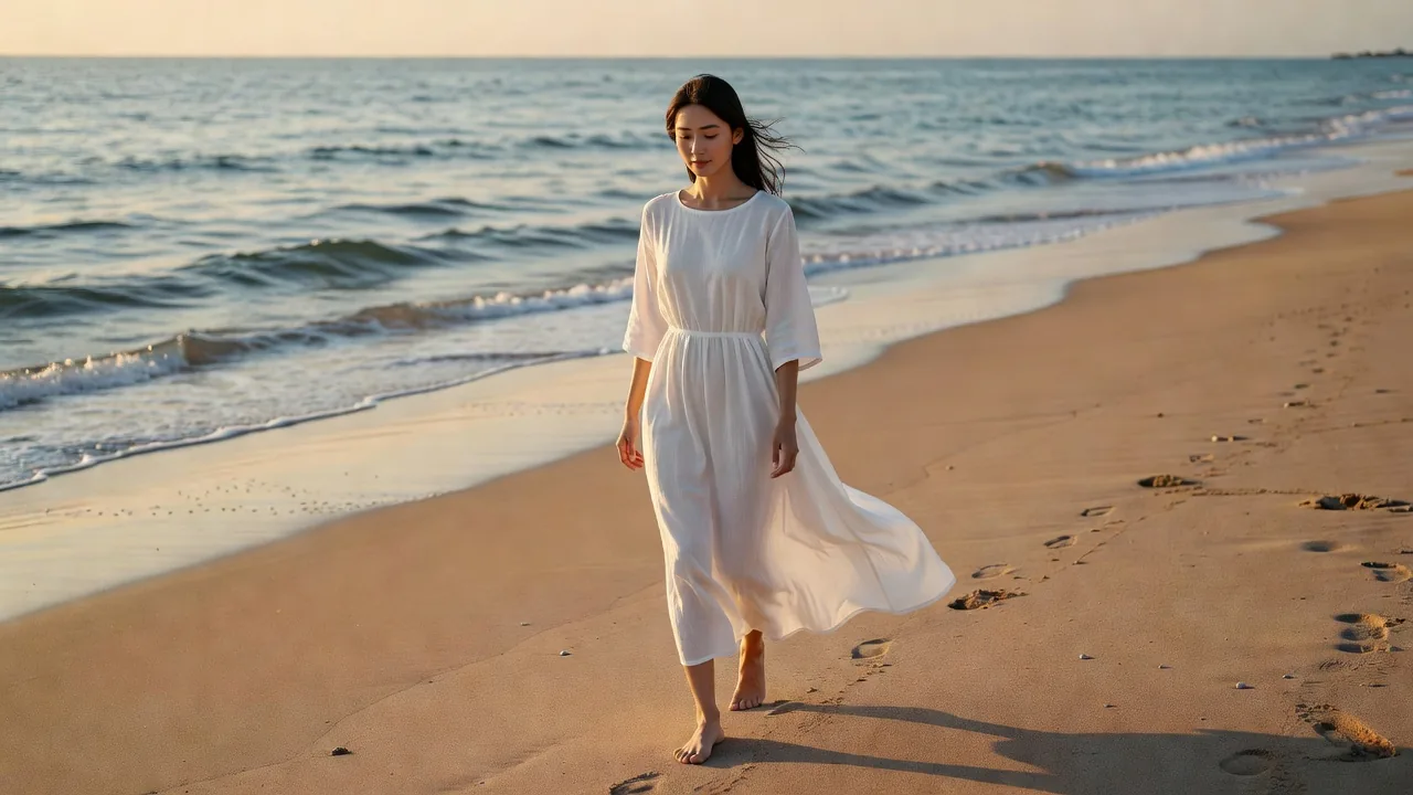 夕暮れの浜辺をゆったりと歩く女性