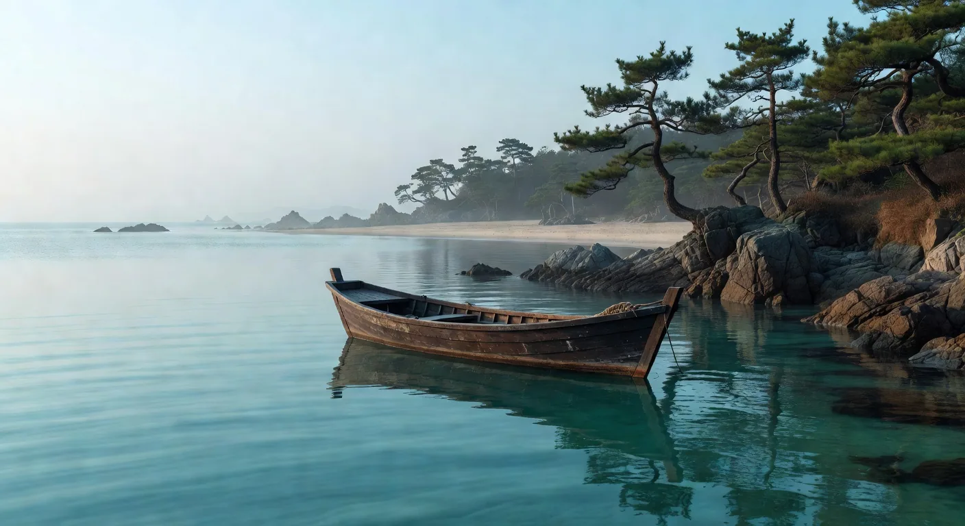 海辺に浮かぶ木造漁船